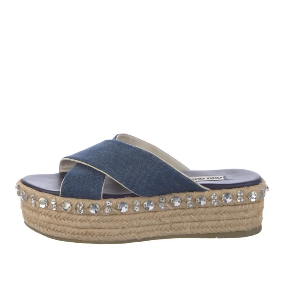 Miu Miu Criss Cross Jeweled Blue Y2K Denim Platform Sandals